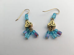 Gold tone Pewter &14kgf Celtic Trinity Knot earrings- Aqua & purple glass dangles