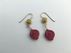 Gold tone Pewter & 14kgf Celtic spiral dangle earrings- rusty red glass, spirals