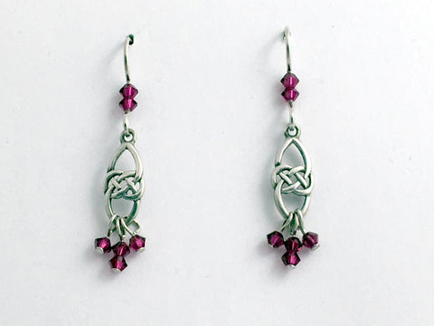 Sterling Silver Celtic knot dangle Earrings-ruby color crystal dangles, knots