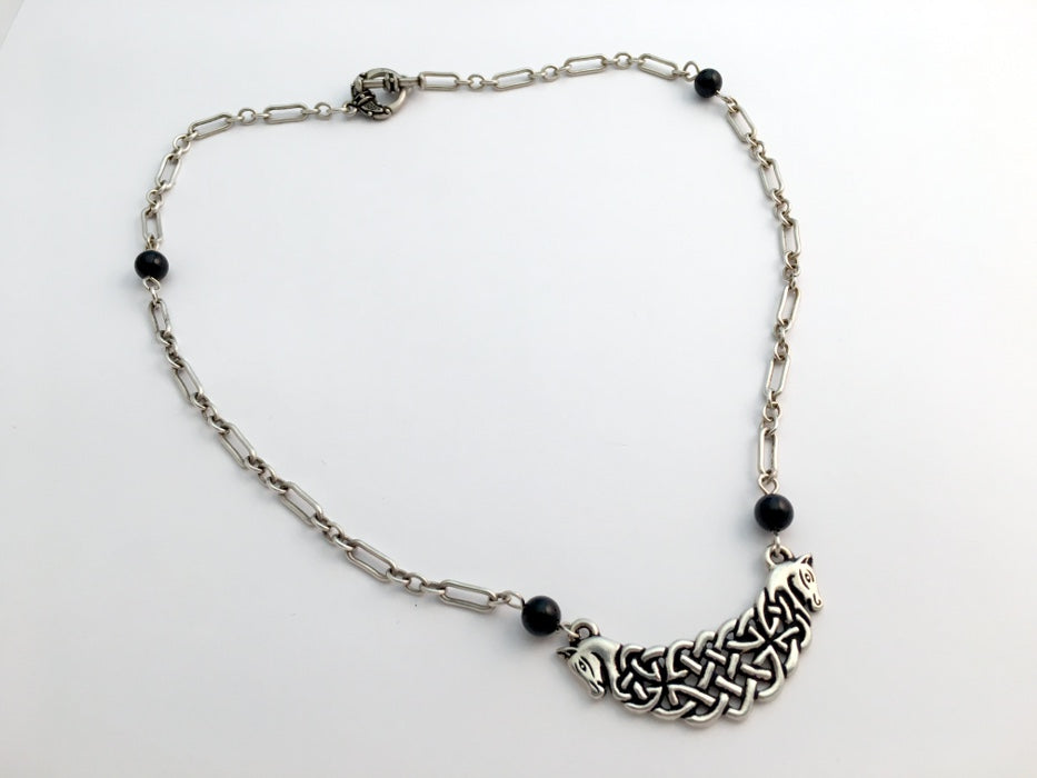 18 inch sterling silver long and short chain with Pewter Celtic Knot Horses Necklace, Black Onyx