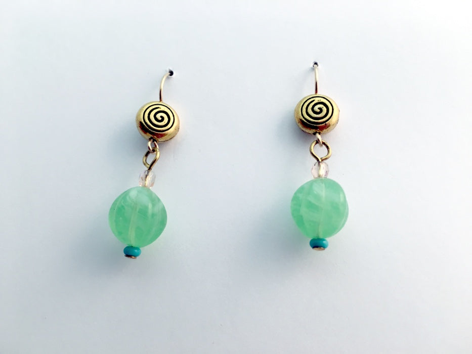 Gold tone Pewter & 14kgf Celtic spiral dangle earrings- green glass, spirals