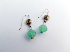 Gold tone Pewter & 14kgf Celtic spiral dangle earrings- green glass, spirals