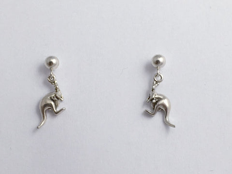 Sterling silver 4mm ball stud tiny kangaroo dangle earrings-marsupial, Australia