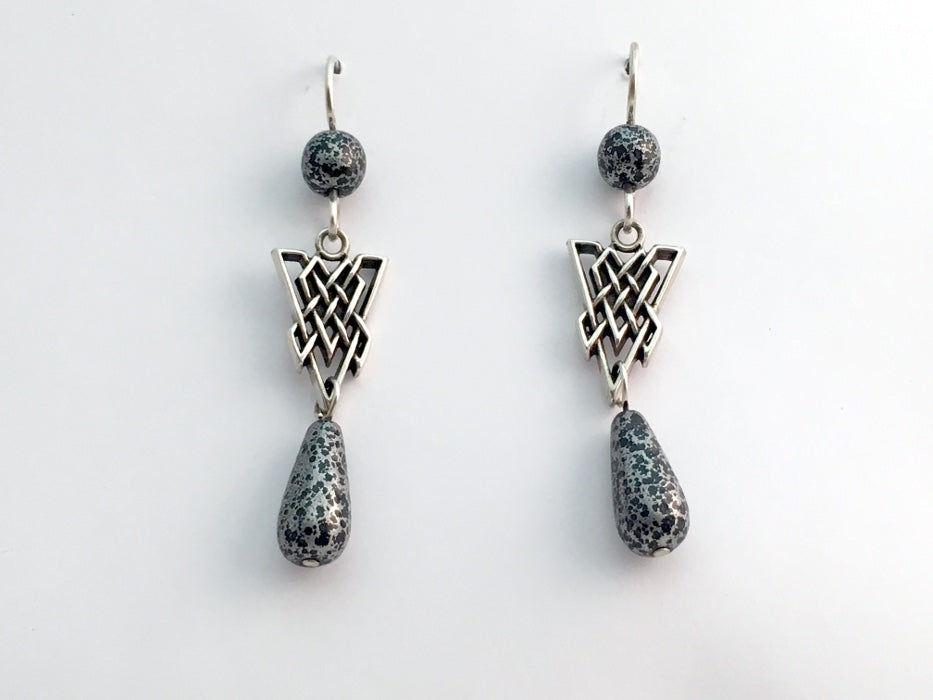 Sterling Silver triangular Celtic Knot dangle Earrings- grey & black glass,knots