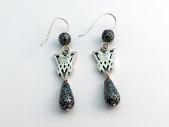 Sterling Silver triangular Celtic Knot dangle Earrings- grey & black glass,knots