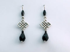 Sterling Silver Large angular Celtic Knot dangle earrings-black crystal, knots
