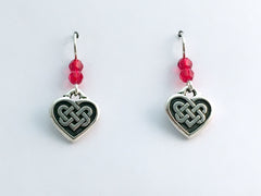 Pewter & sterling silver Celtic Knot Heart dangle earrings-red crystal- knots