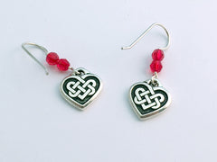 Pewter & sterling silver Celtic Knot Heart dangle earrings-red crystal- knots