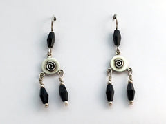 Sterling Silver Spiral disc Earrings-black crystal, Celtic, Spirals, 1 7/8 inch
