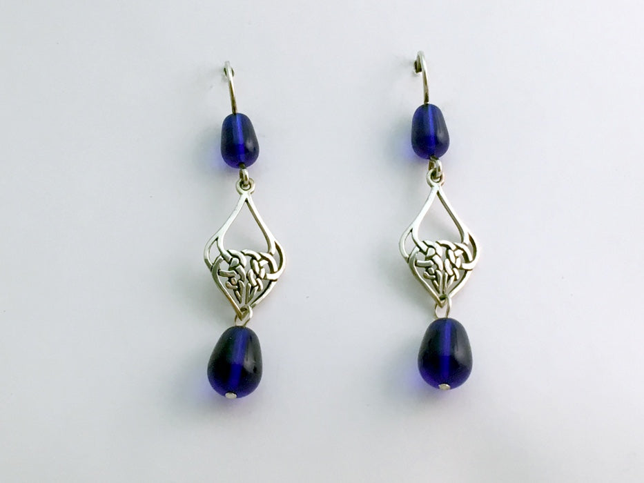Sterling Silver Celtic Knot drop Earrings- Cobalt Blue Glass beads , knots