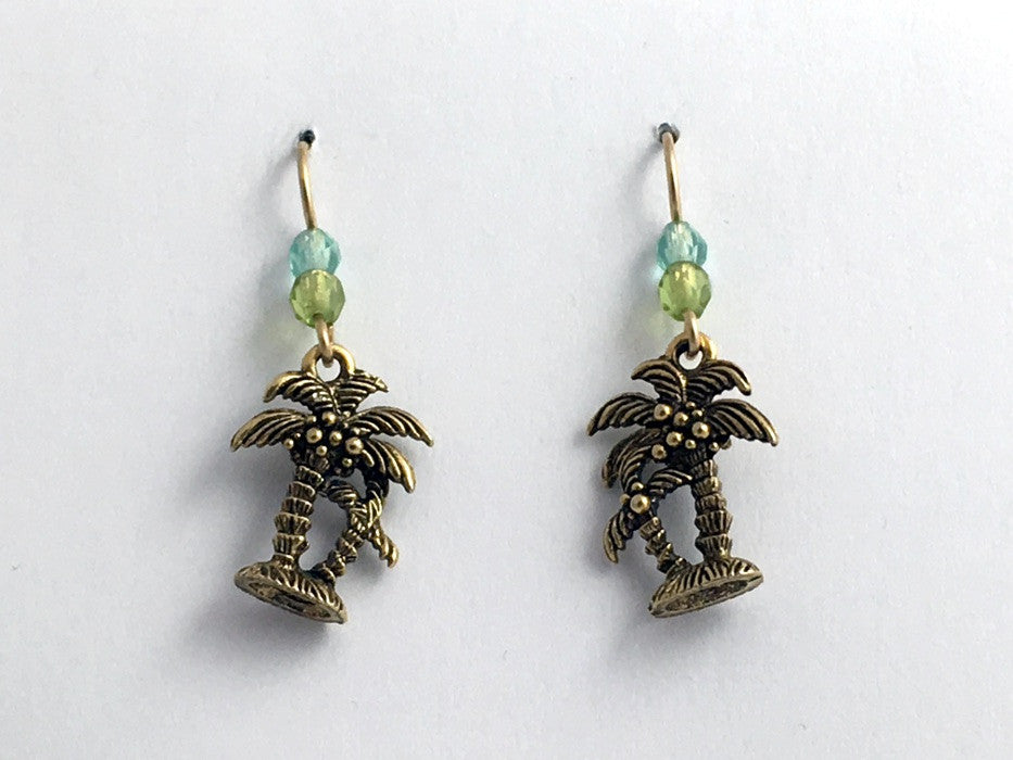 Gold tone Pewter &14kgf palm tree earrings-ocean-tropics, palms, trees, island