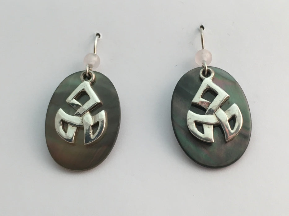 Sterling Silver Celtic Angular Triple  Knot dangle Earrings- Black lip Shell