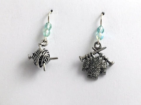 Pewter & sterling silver knitting earrings-knit, ball of yarn, sweater, knitter