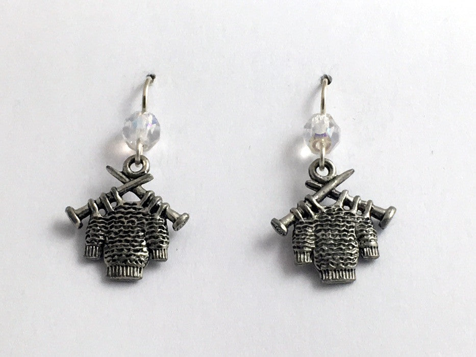 Pewter & sterling silver sweater w/knitting needles earrings- knit, knitter,purl
