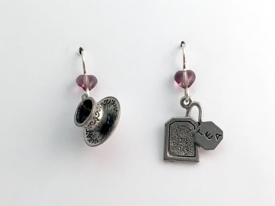 Pewter & sterling silver 3-D tea cup & saucer & tea bag dangle earrings- teabag