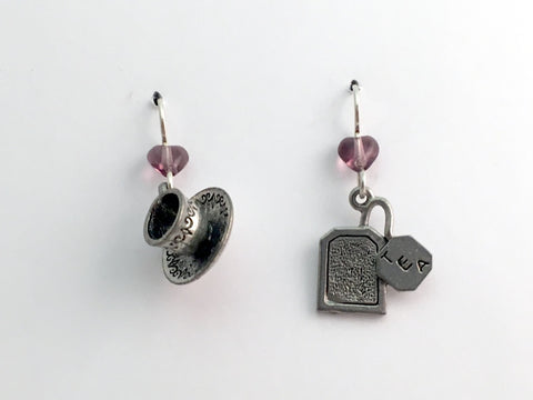 Pewter & sterling silver 3-D tea cup & saucer & tea bag dangle earrings- teabag