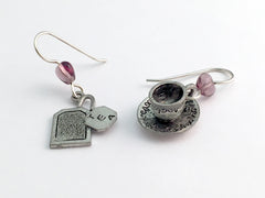 Pewter & sterling silver 3-D tea cup & saucer & tea bag dangle earrings- teabag
