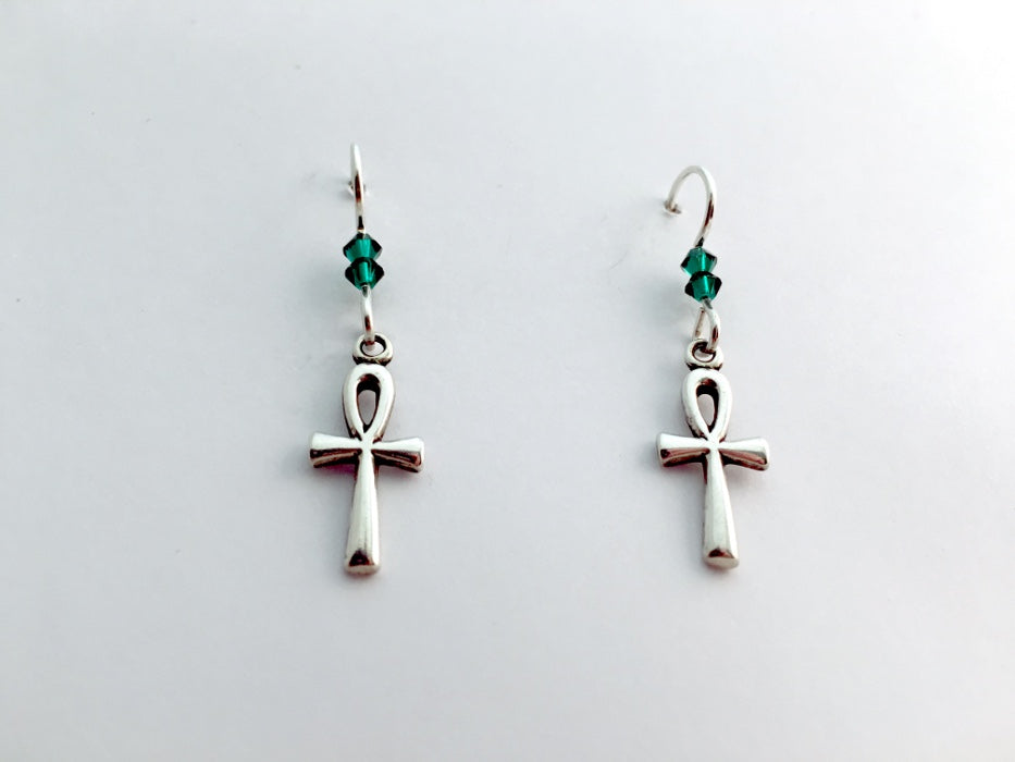 Sterling silver Ankh cross dangle earrings-religion-emerald color Crystal, Ankhs