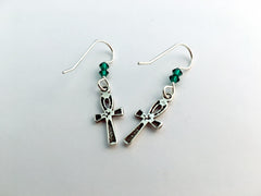 Sterling silver Ankh cross dangle earrings-religion-emerald color Crystal, Ankhs