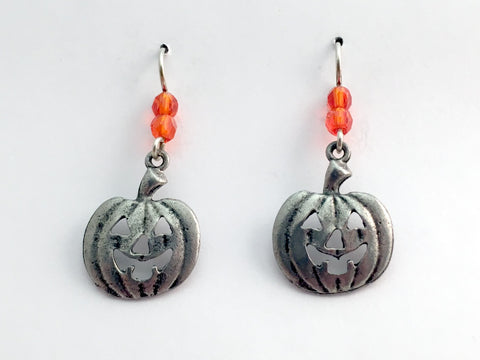Pewter & Sterling Silver Jack O Lantern dangle Earrings-pumpkin, Halloween,orange