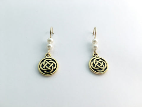 Gold tone Pewter &14k gf Celtic medium Round Knot earrings- glass "pearls"