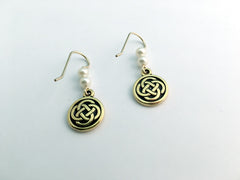 Gold tone Pewter &14k gf Celtic medium Round Knot earrings- glass "pearls"