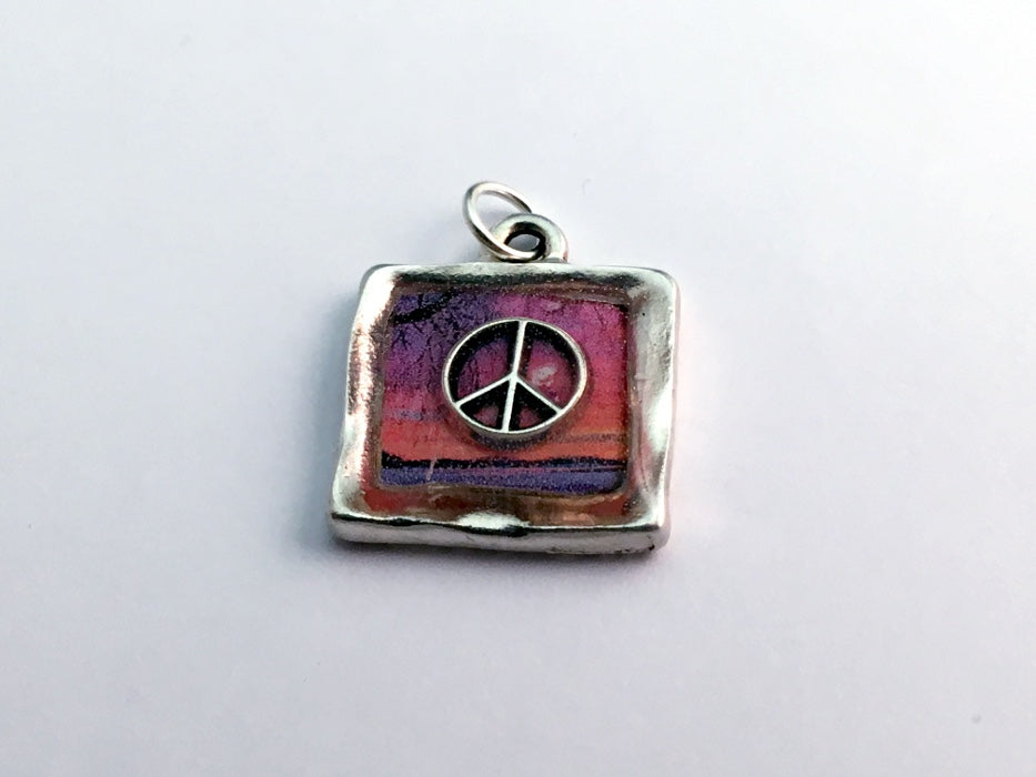 Square Pewter sunset & sterling silver Peace sign pendant-resin, world, peaceful
