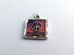 Square Pewter sunset & sterling silver Peace sign pendant-resin, world, peaceful