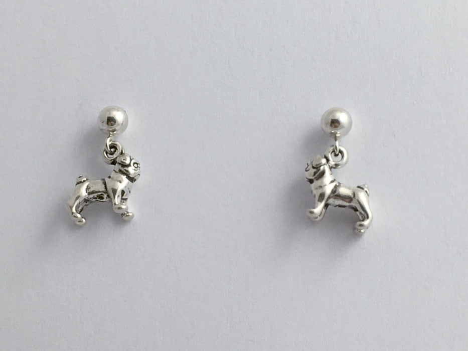 Sterling silver 4mm ball stud w/ tiny Pug dog dangle Earrings- pugs, canine,dogs