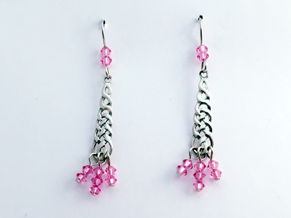 Sterling Silver Celtic long braid Knot dangle Earrings-pink crystal dangles