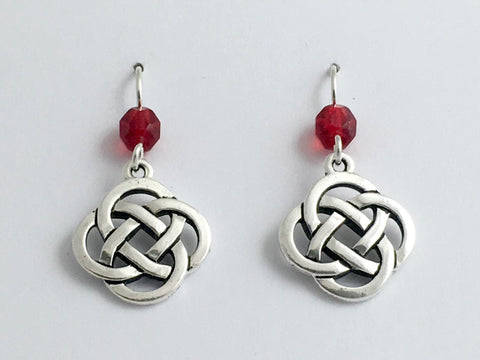 Pewter & Sterling Silver large Round Celtic Knot dangle Earrings- red glass