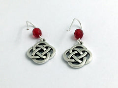 Pewter & Sterling Silver large Round Celtic Knot dangle Earrings- red glass