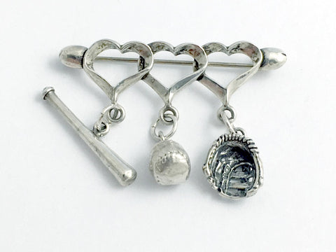 Sterling Silver Baseball Pin or Brooch - Hearts, Bat, Ball, Glove, Mitt,