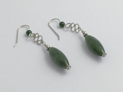 Sterling Silver  tiny swirl with jade dangle Earrings-elegant, 2 1/4 inches long