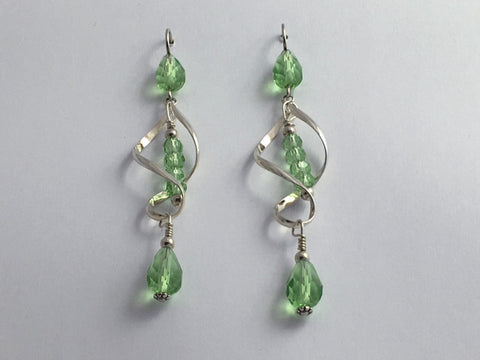 Sterling Silver long open twist drop Earrings- Celtic Knot, light green crystal