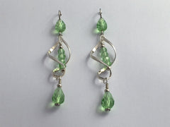 Sterling Silver long open twist drop Earrings- Celtic Knot, light green crystal