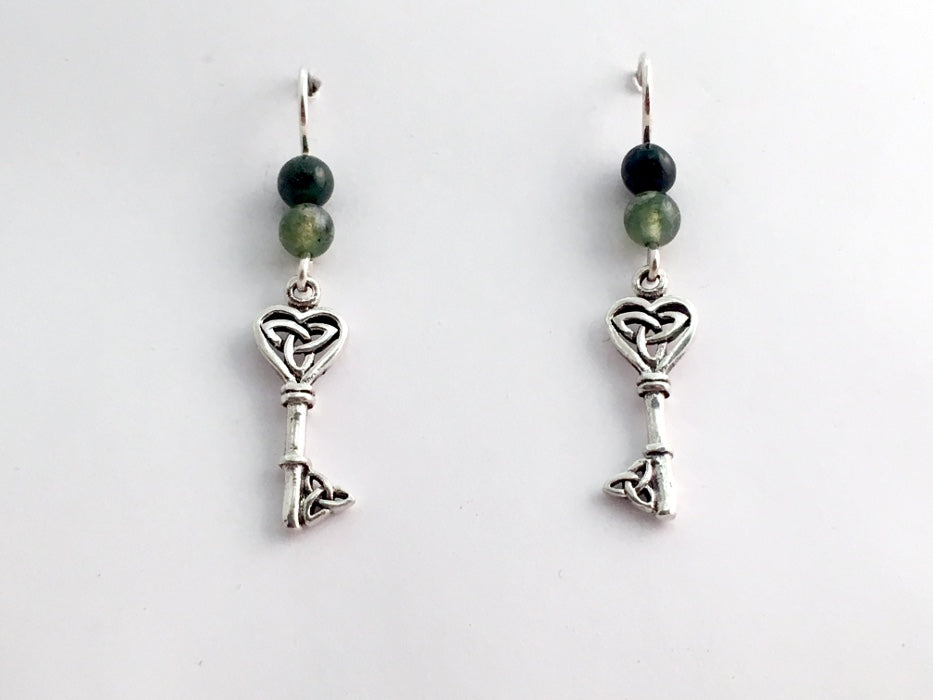 Sterling Silver Heart Key with Celtic Trinity knot dangle Earrings-Moss Agates, keys
