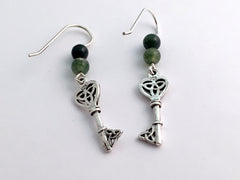 Sterling Silver Heart Key with Celtic Trinity knot dangle Earrings-Moss Agates, keys