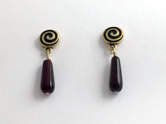 Gold Tone Pewter & surgical steel Spiral Stud with burgundy glass drop Earrings