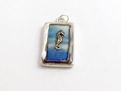 Pewter frame,water print, sterling silver seahorse pendant-resin,ocean,sea horse