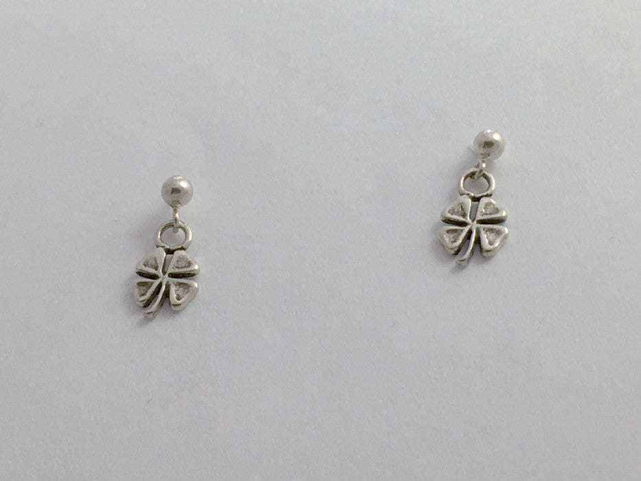 Sterling silver 3mm ball stud with tiny 4 leaf clover dangle earrings- four,luck