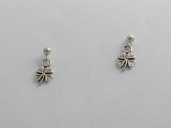 Sterling silver 3mm ball stud with tiny 4 leaf clover dangle earrings- four,luck