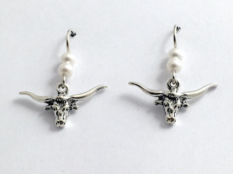 Sterling silver longhorn cattle head dangle earrings- cow, steer, Texas, cowboy