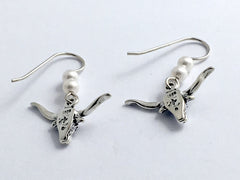 Sterling silver longhorn cattle head dangle earrings- cow, steer, Texas, cowboy