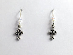 Sterling silver tiny fancy cross dangle earrings-religion, crystal, faith,