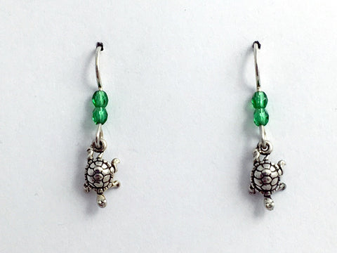 Sterling silver tiny crawling turtle dangle earrings-tortoise, turtles, glass