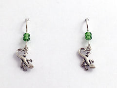 Sterling silver tiny gecko lizard dangle earrings-reptile, green Crystal, geckos