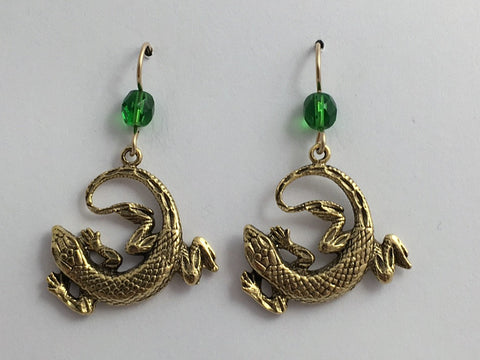Goldtone Pewter &  14k GF large circled lizard dangle earrings- glass, lizards