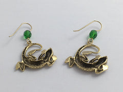 Goldtone Pewter &  14k GF large circled lizard dangle earrings- glass, lizards