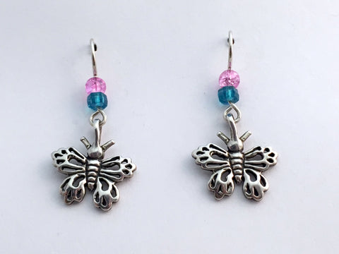 Sterling silver butterfly earrings- insects-pink glass- butterflies, Lepidoptera